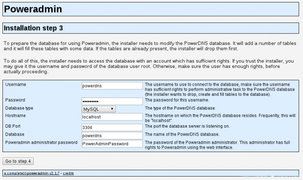 Enter PowerDNS Database Settings