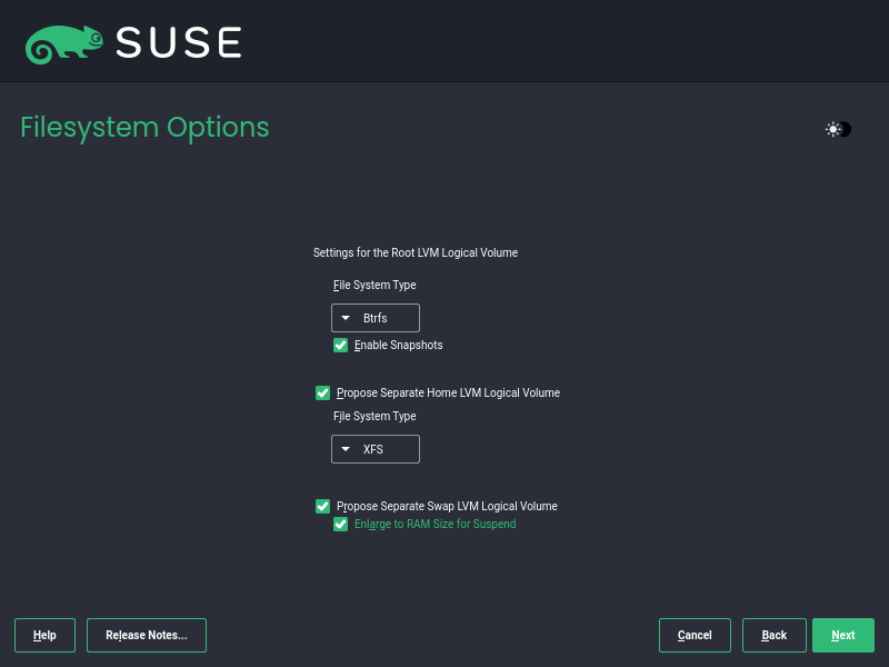 SUSE Filesystem Options