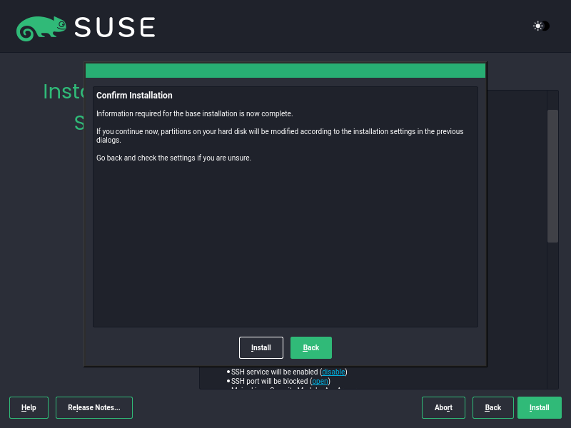 SUSE Installation Confirmation