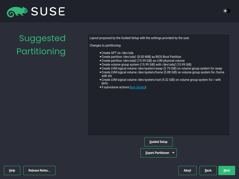 SUSE Linux Partitioning Summary