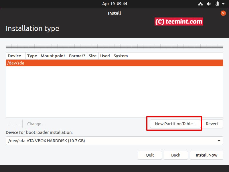 Select New Partition Table