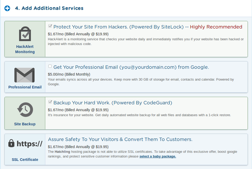 Uncheck Additional HostGator Services