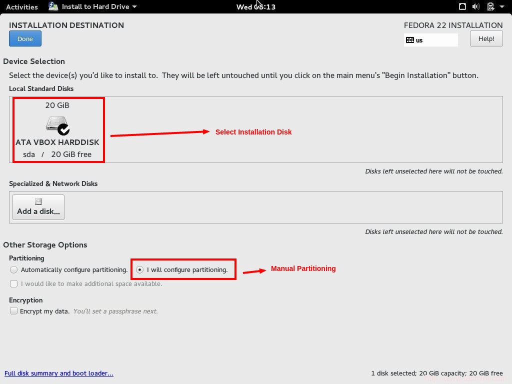 Installation of "Fedora 22 Workstation" with Screenshots