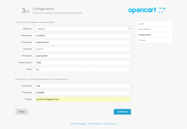 OpenCart Database Details