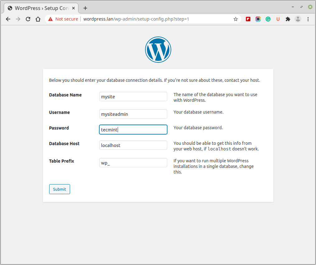 WordPress Database Settings