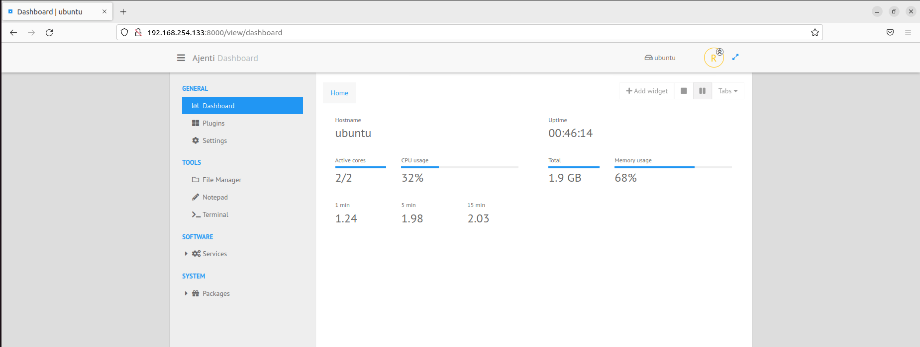 Ajenti Control Panel Dashboard