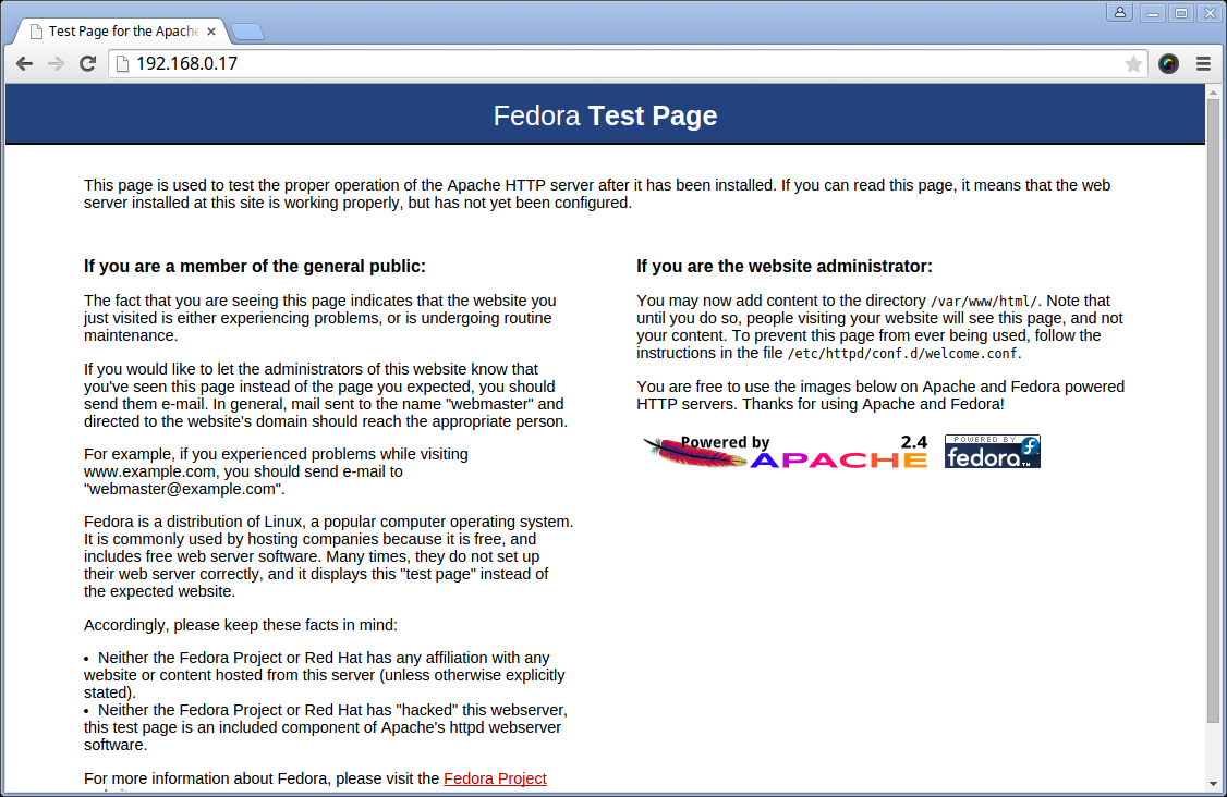 Fedora 22 Apache Default Page