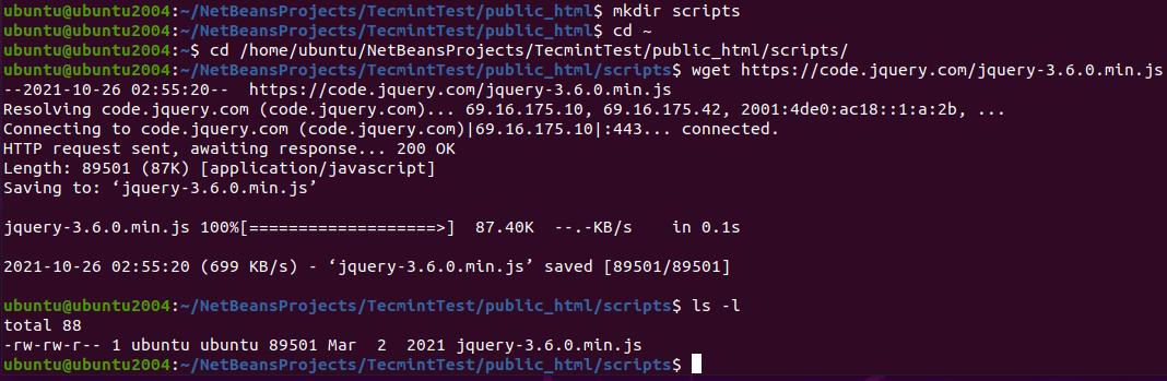 Download jQuery in Ubuntu