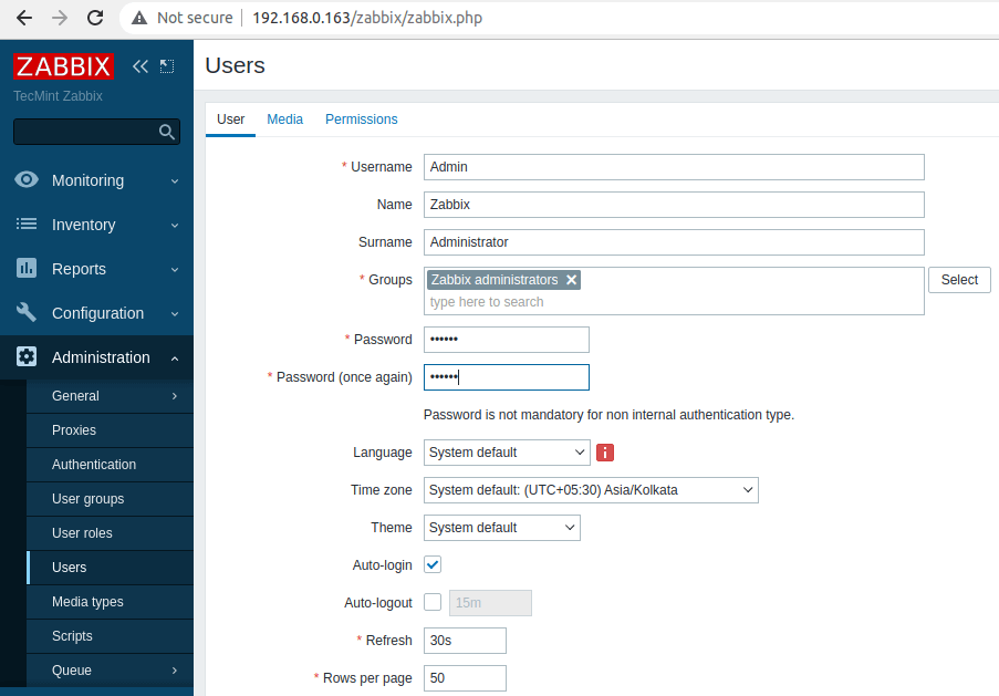 Zabbix Admin Password Change