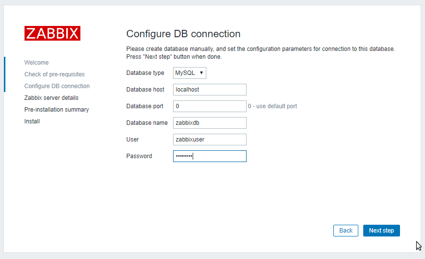 Zabbix Database Settings