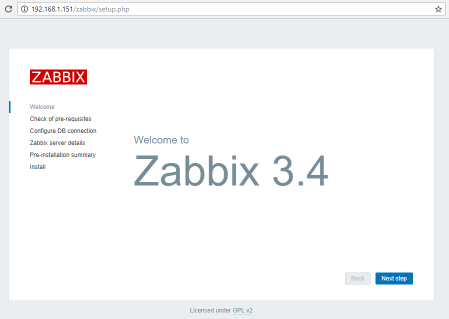 Pantalla de bienvenida de Zabbix 