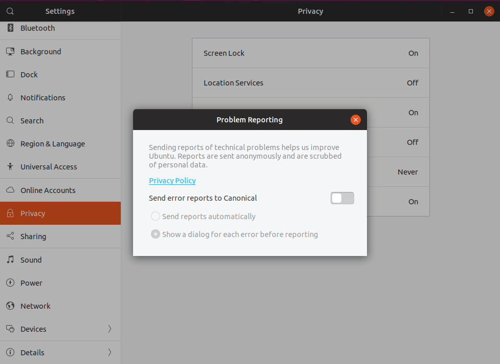  Deshabilitar la notificación de problemas en Ubuntu 
