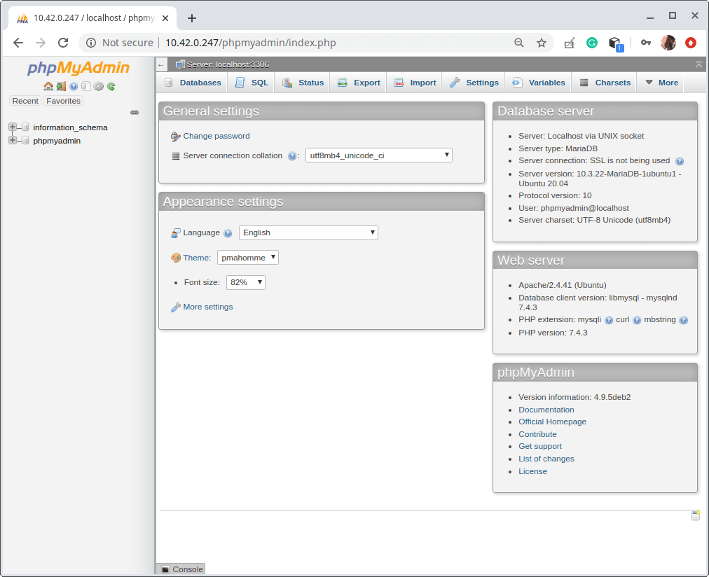 PhpMyAdmin Dashboard