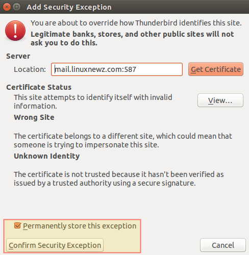 Thunderbird: Accept SSL Certificate