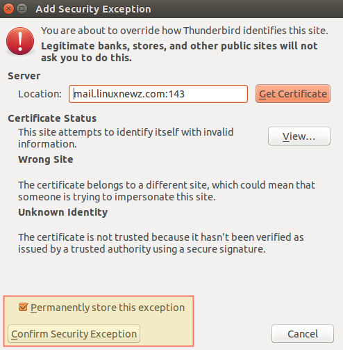 Thunderbird: Add Security Exception
