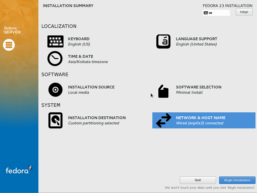 Begin Fedora 23 Installation