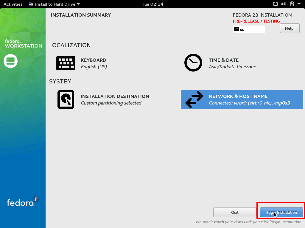 Fedora 23 Installation Summary