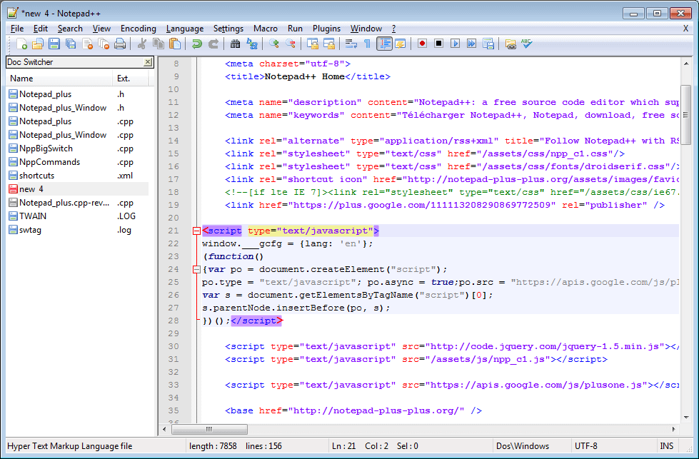 Editor de código fuente de Bloc de notas++