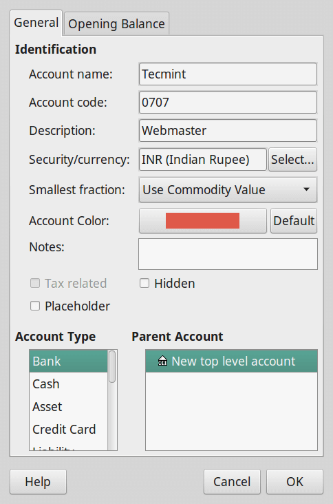 GnuCash Create New Account