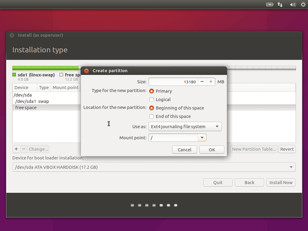 Create Root Partition for Ubuntu 16.04