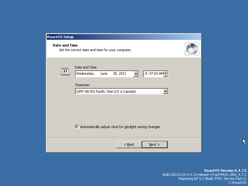 ReactOS Set Date and Time