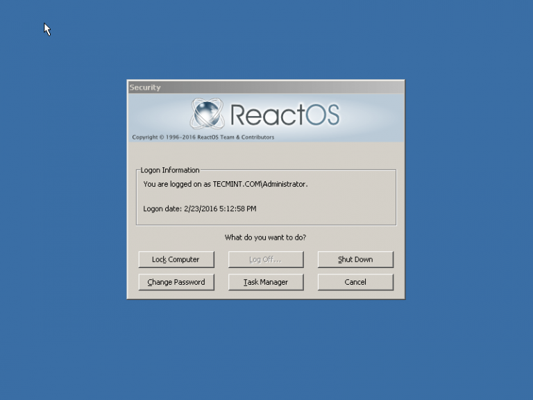 ReactOS Login Screen | Tecmint: Linux Howtos, Tutorials & Guides