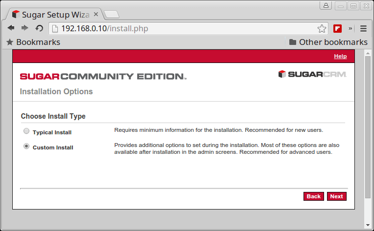 Select SugarCRM Installation Type