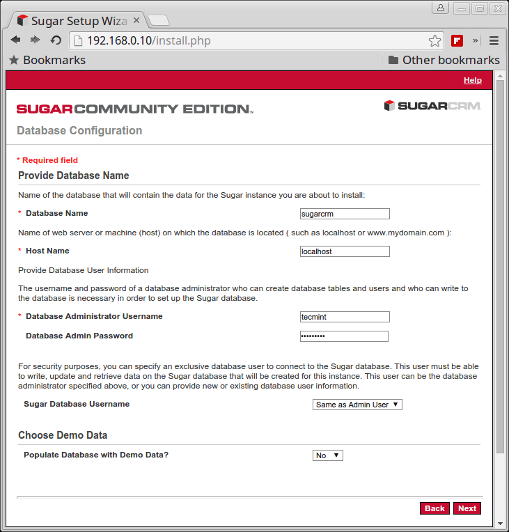 SugarCRM Database Configuration