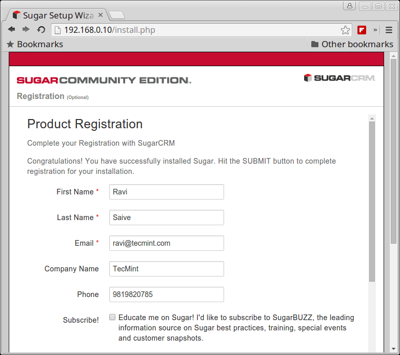 SugarCRM Registration