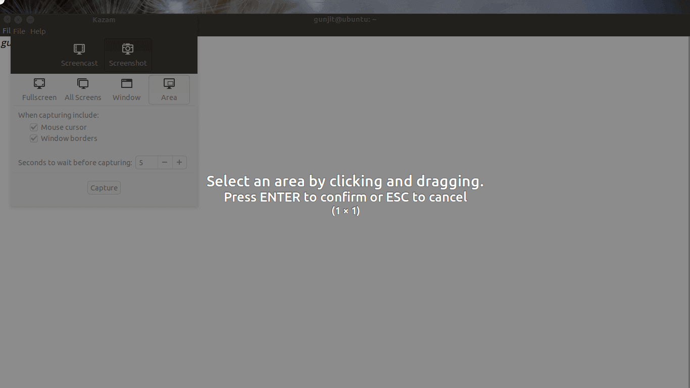 Kazam Linux. Select areas