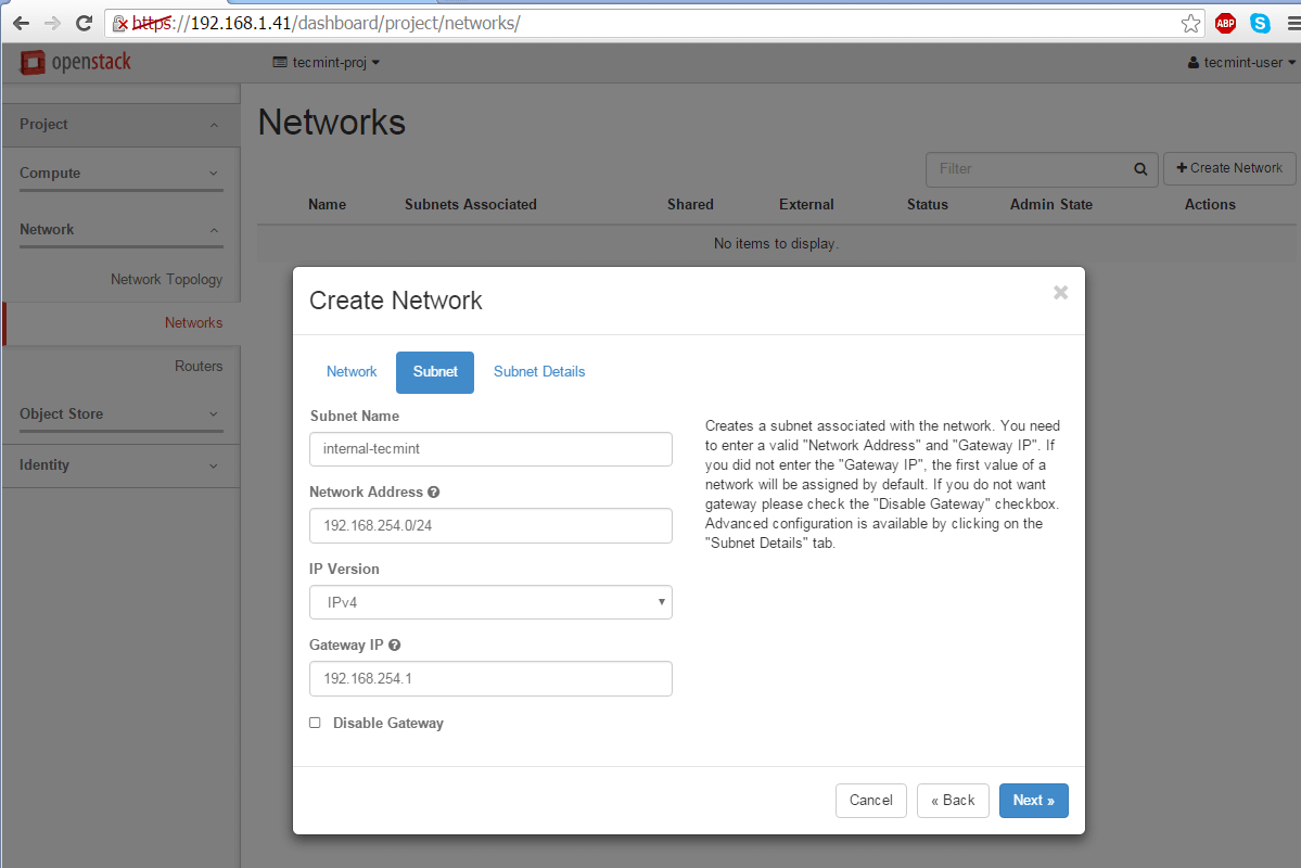 Create Network Subnet for OpenStack