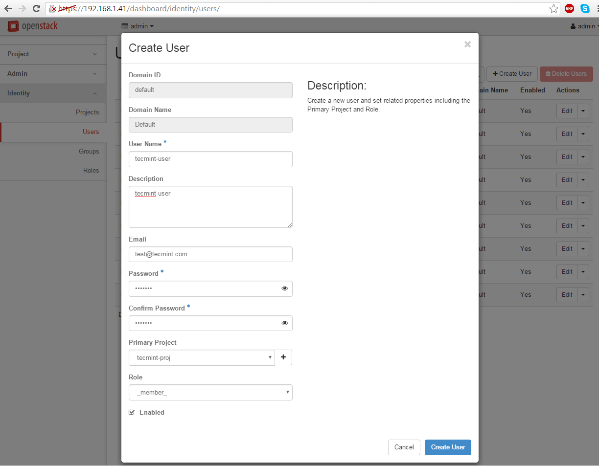 Create New User in OpenStack Project