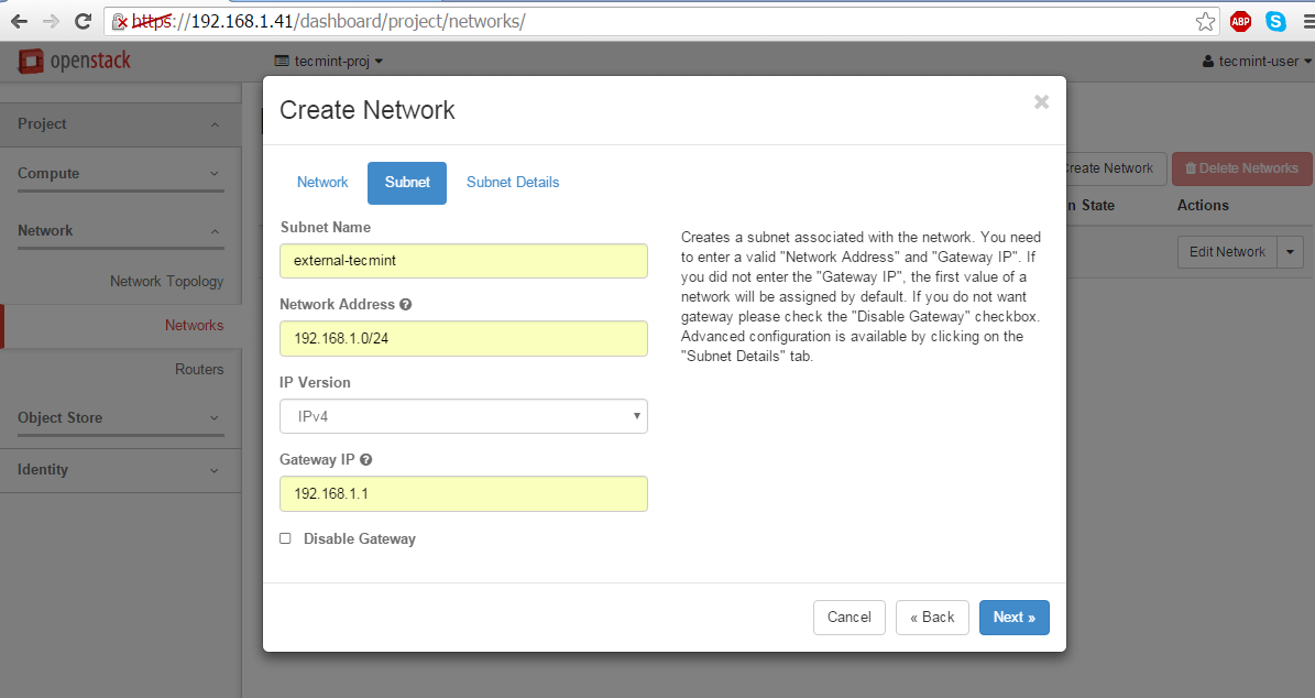 Create Subnet for External Network