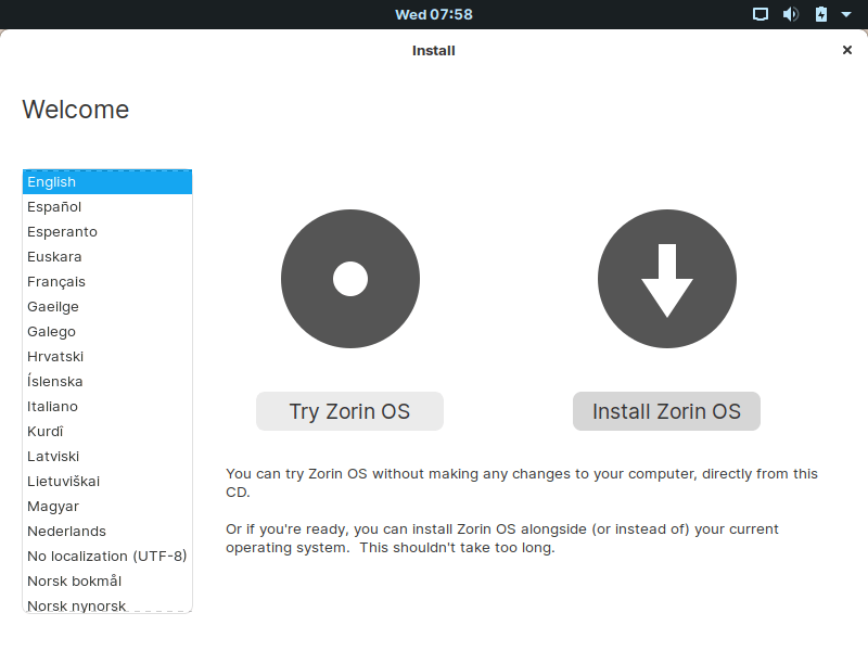 Select Install Zorin OS