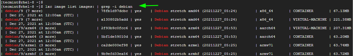 List LXC Debian Image