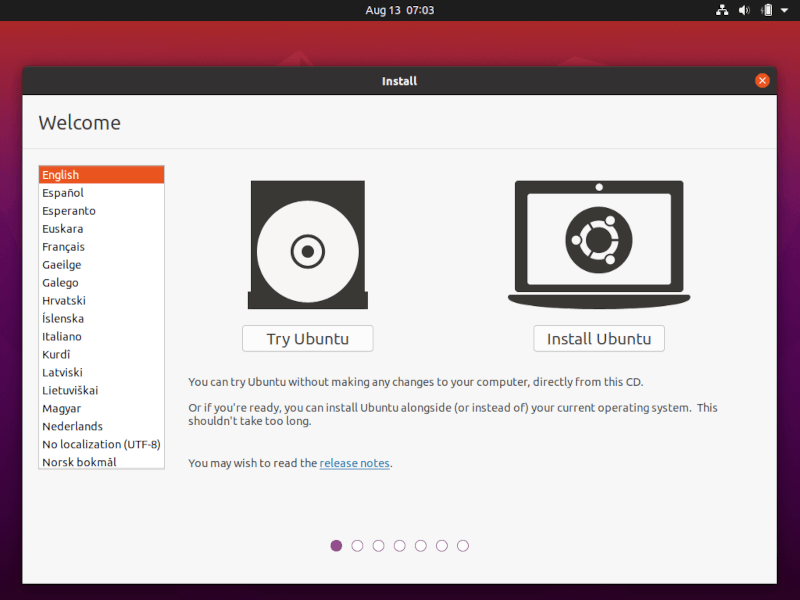 Elija el idioma de instalación de Ubuntu
