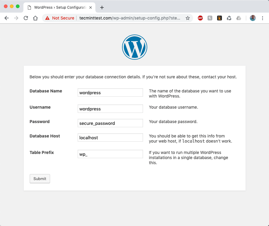 WordPress Database Settings