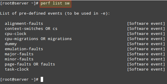  Lista de eventos predefinidos de software en Linux 