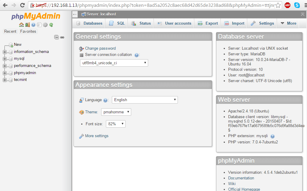 PhpMyAdmin Dashboard