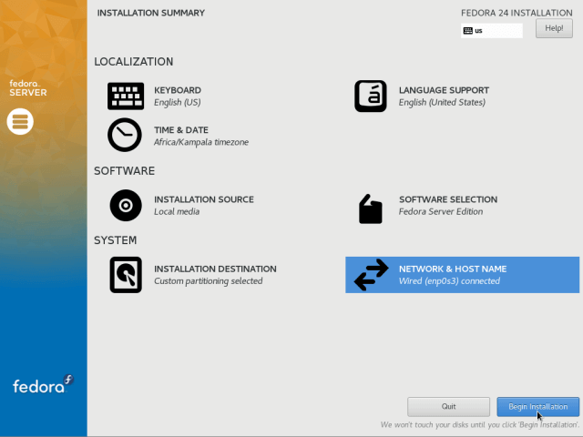 Begin Fedora 24 Server Installation
