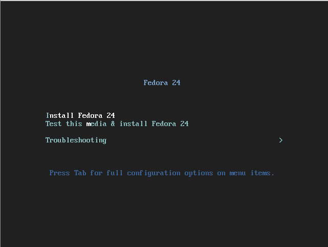 Fedora 24 Server Boot Menu