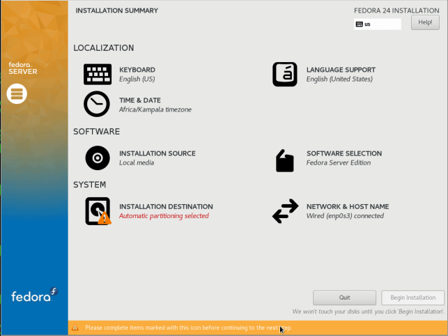 Fedora 24 Server Installation Summary