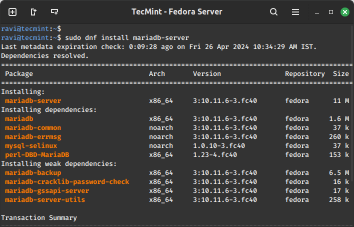 Install MariaDB in Fedora