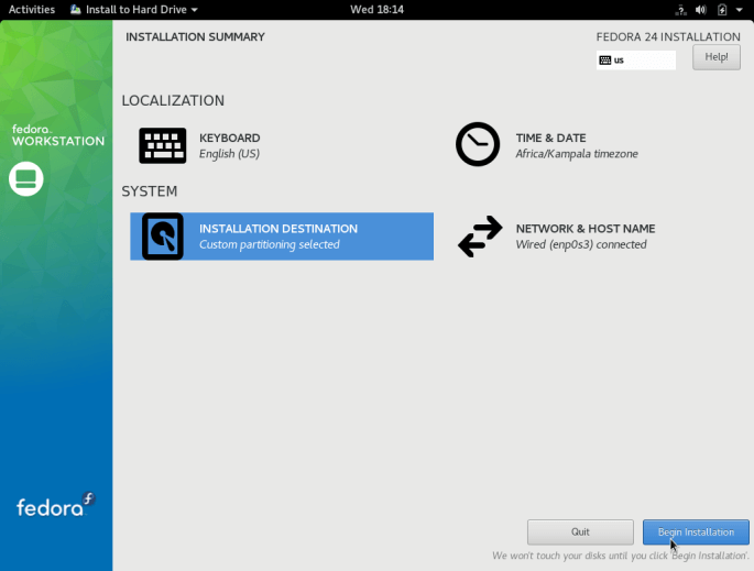 Begin Fedora 24 Installation