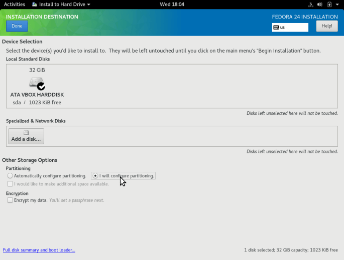 Configure Fedora 24 Installation Destination