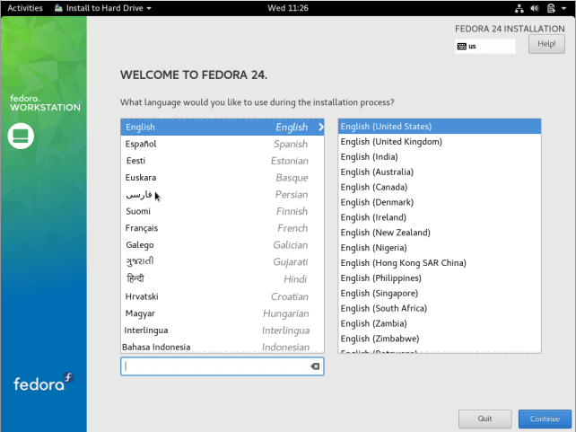 Select Fedora 24 Installation Language