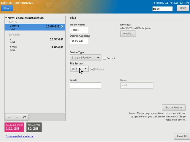 Set Home Partition Filesystem Type