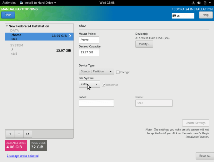 Set Home Partition Filesystem Type