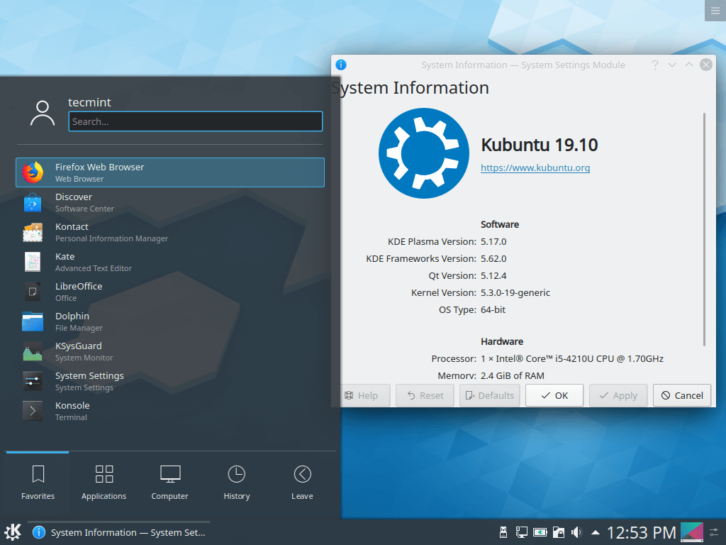  Escritorio KDE Plasma que se ejecuta en Ubuntu 19.10 