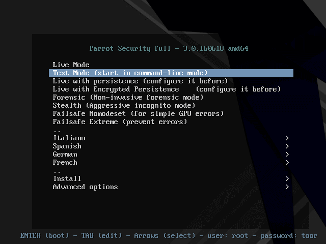Parrot OS Boot Menu